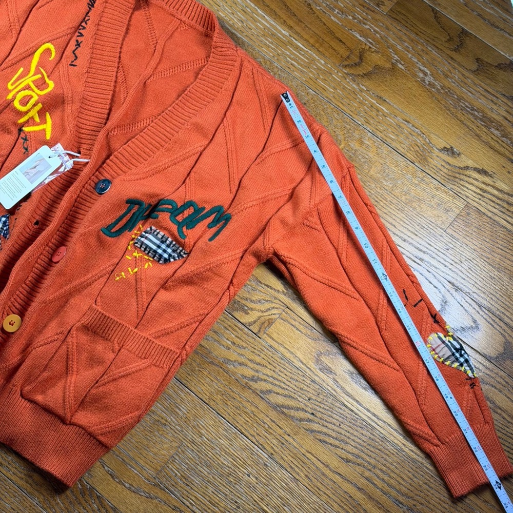 Fall Cable Knit Cardigan Patchwork Sport Dream Embroidered Sweater L New Orange - Picture 9 of 11
